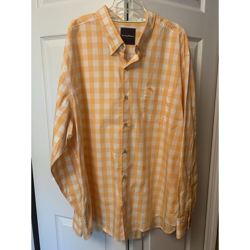 Tommy Bahama Plaid Check  XXL  Shirt Orange White Button Down 100% Pima Cotton